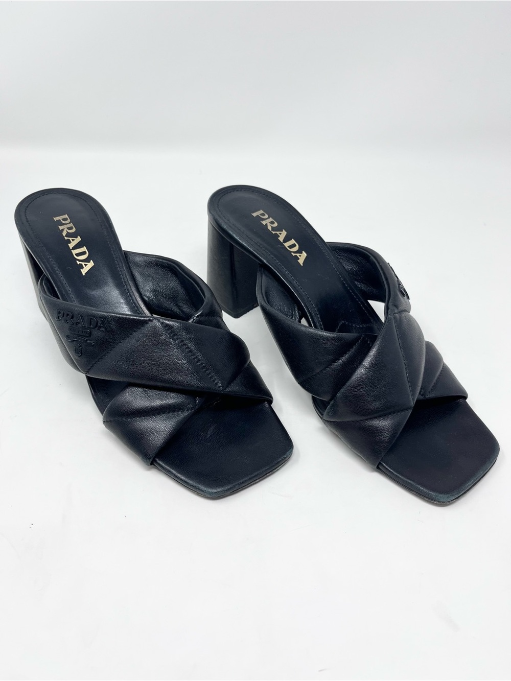 Prada Black Quilted Nappa Leather Logo Criss Cross Sandal Block Heel size 39.5